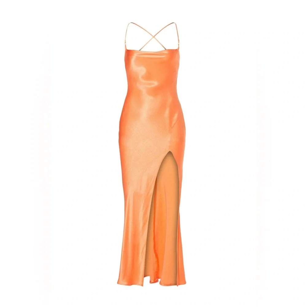 Bec & Bridge Annika Dress Sleeveless Cowl Neck Satin Slip Maxi Gown Orange 4‎